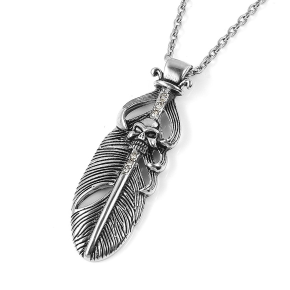 SKULL DAGGER FEATHER CHAIN NECKLACE STAINLESS -24” - Picture 7 of 7